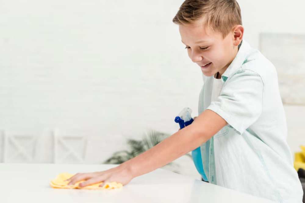 A child in a light shirt wipes down a white table with a yellow cloth, holding a blue spray bottle in the other hand.