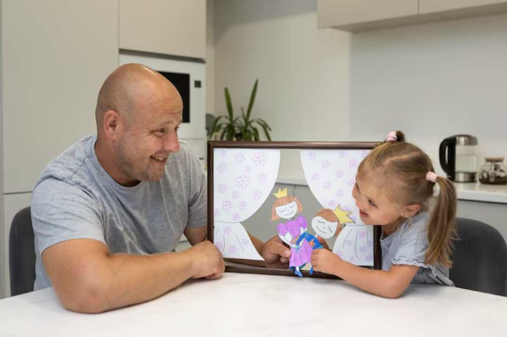 A child interacts with colorful paper dolls in a window frame, showcasing creativity and playfulness in a bright kitchen setting.