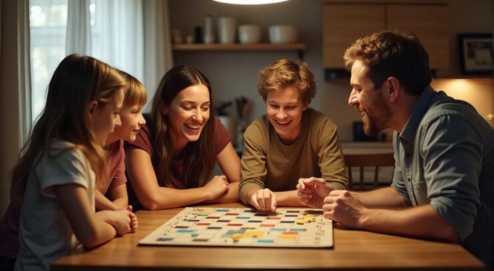 A group of children and an adult sit around a table, engaged in a board game with colorful pieces in a cozy, softly lit room.