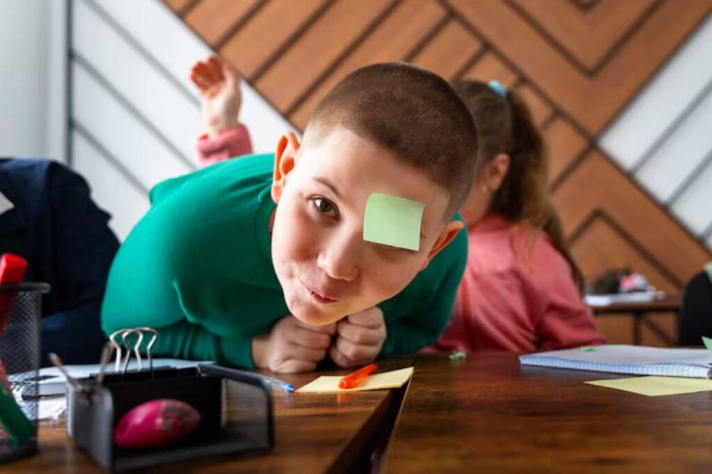A child in a green sweater leans over a wooden table with colorful stationery while classmates engage in activities in the background.