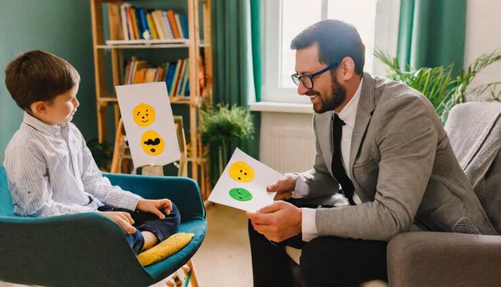 A child in a blue chair engages with an adult, who shows emotion cards, in a cozy, green-themed room filled with books.