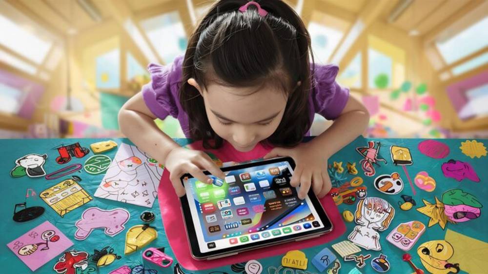 A child interacts with a tablet surrounded by colorful stickers and craft items on a bright, playful workspace.