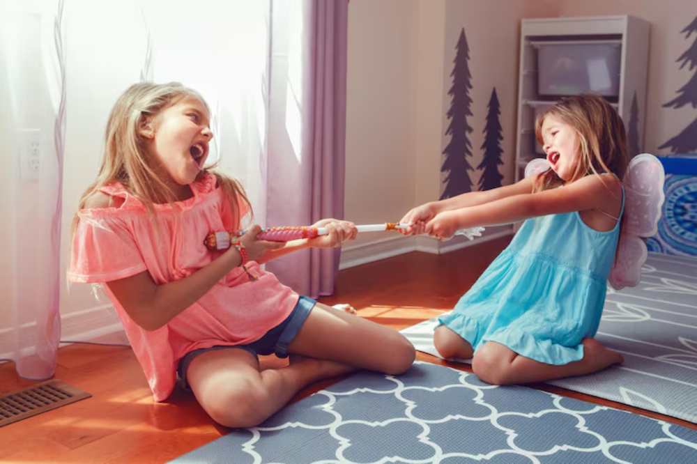 Two girls play tug-of-war with a toy wand on a patterned rug in a brightly lit room, surrounded by colorful decor and sunshine.