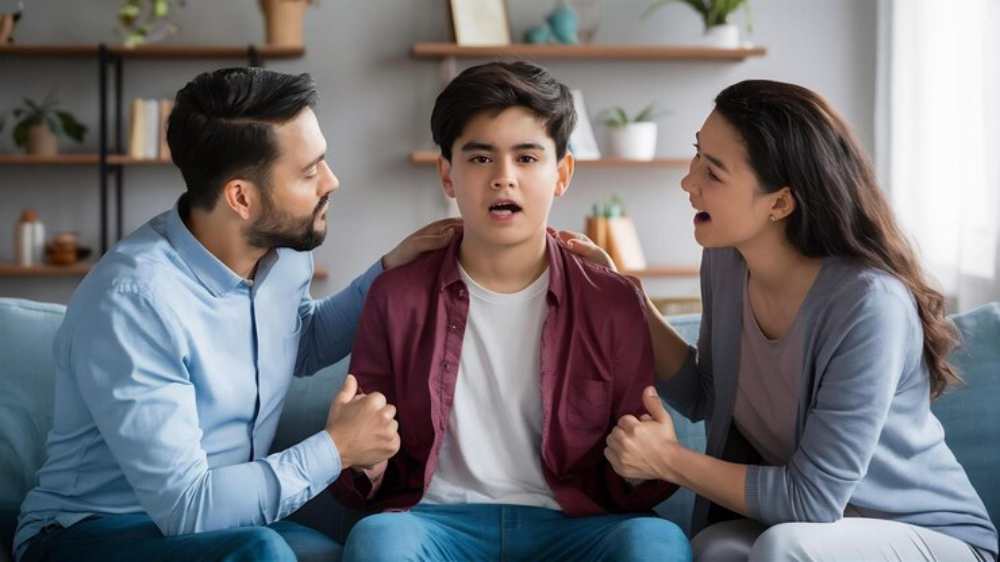 A  family , with two adults shouting and a teenager on a sofa, in a cozy, softly lit living room setting.